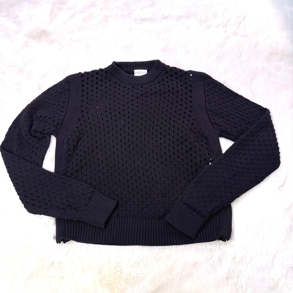 Varley‎ Hains Knit Crew Women XS Black Pointelle Cotton Side Zip Sweater